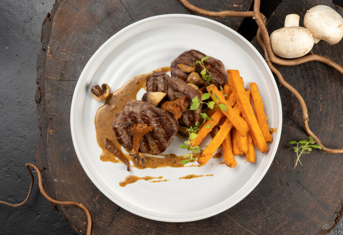 Meal Cube Steak With Mushroom Sherry Sauce With Oven Sweet Potato Fries And Marys Zucchini 